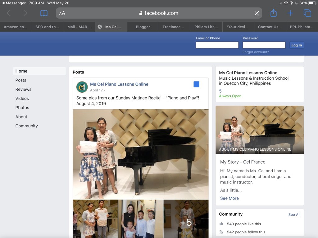 Teacher Cel's Facebook page for booking for piano lessons