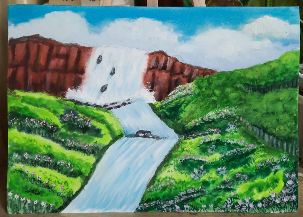 gouache landscape art by Grass columnar basalt and waterfalls