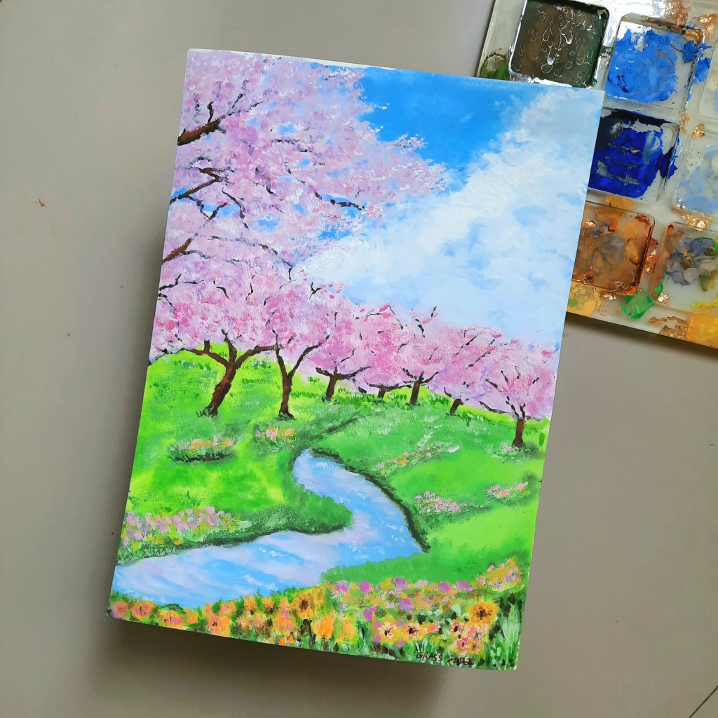 gouache landscape art by Grass cherry blossoms