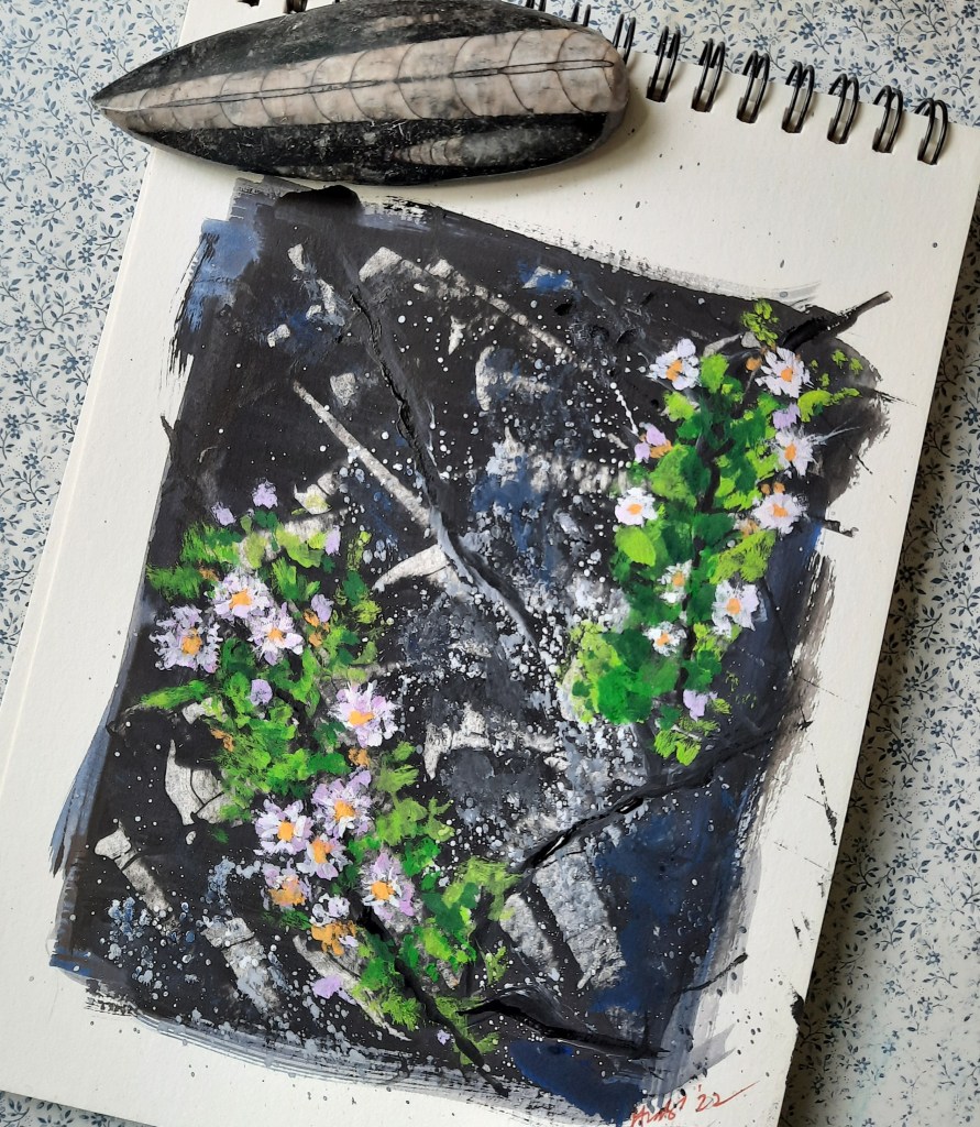 gouache landscape art rock and flowers