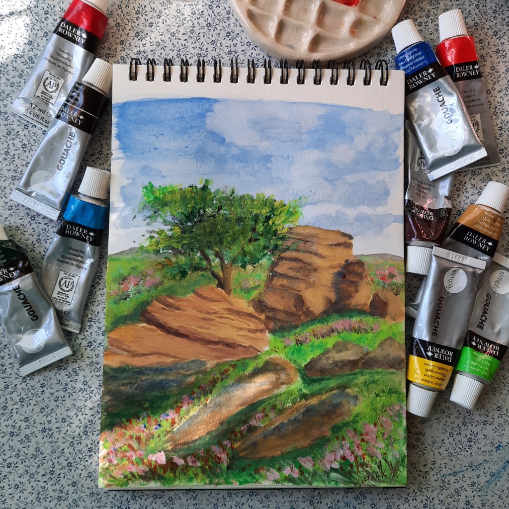 gouache landscape art rock and flowers