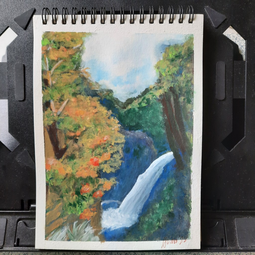 gouache landscape art waterfalls