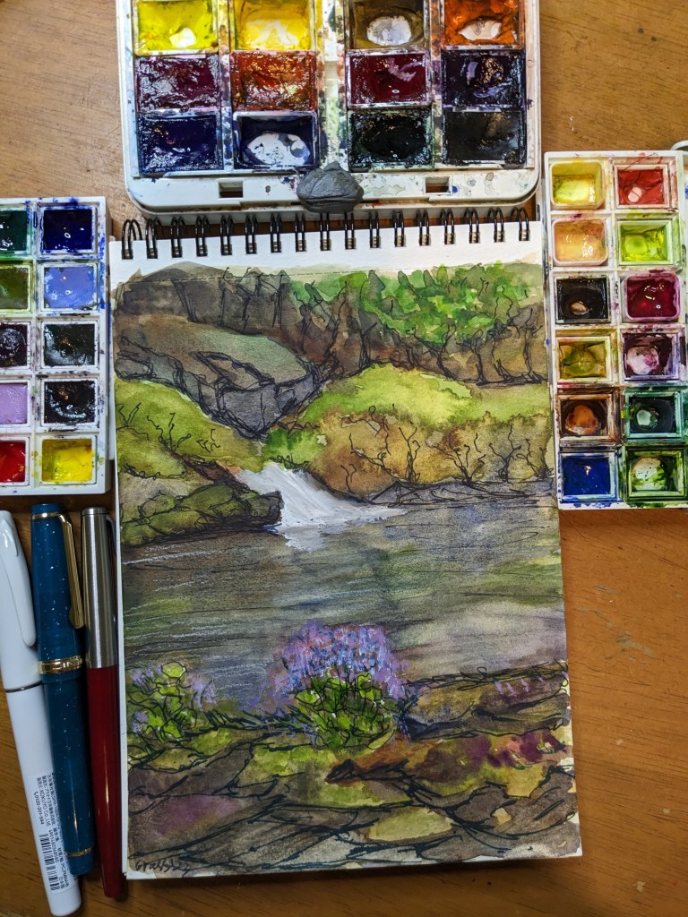 ink and wash river scene