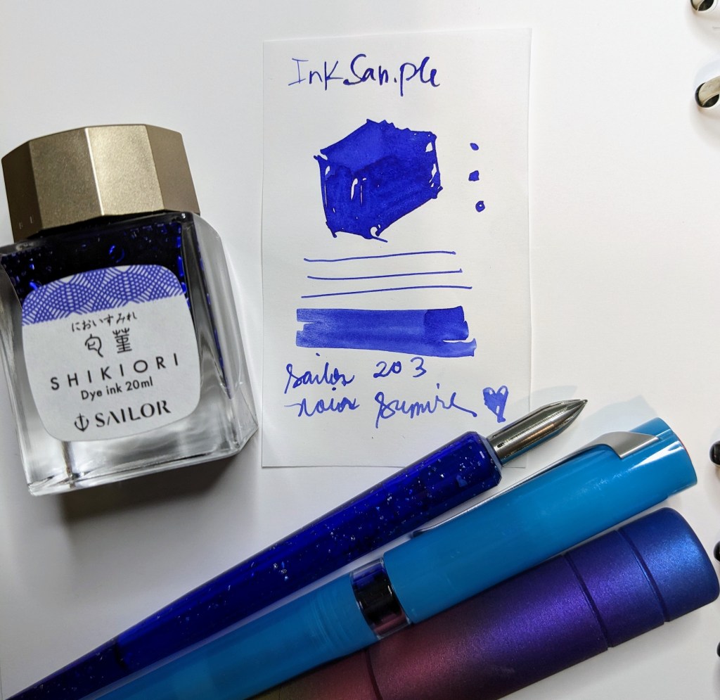 Nioi Sumire ink swatch and kakimori nib, Twsbi Swipe, and Kasama Una Takipsilim