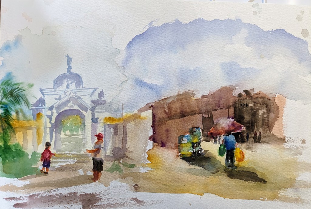 human figures at two outdoor scenes - a practice sketch of mine on Baohong paper