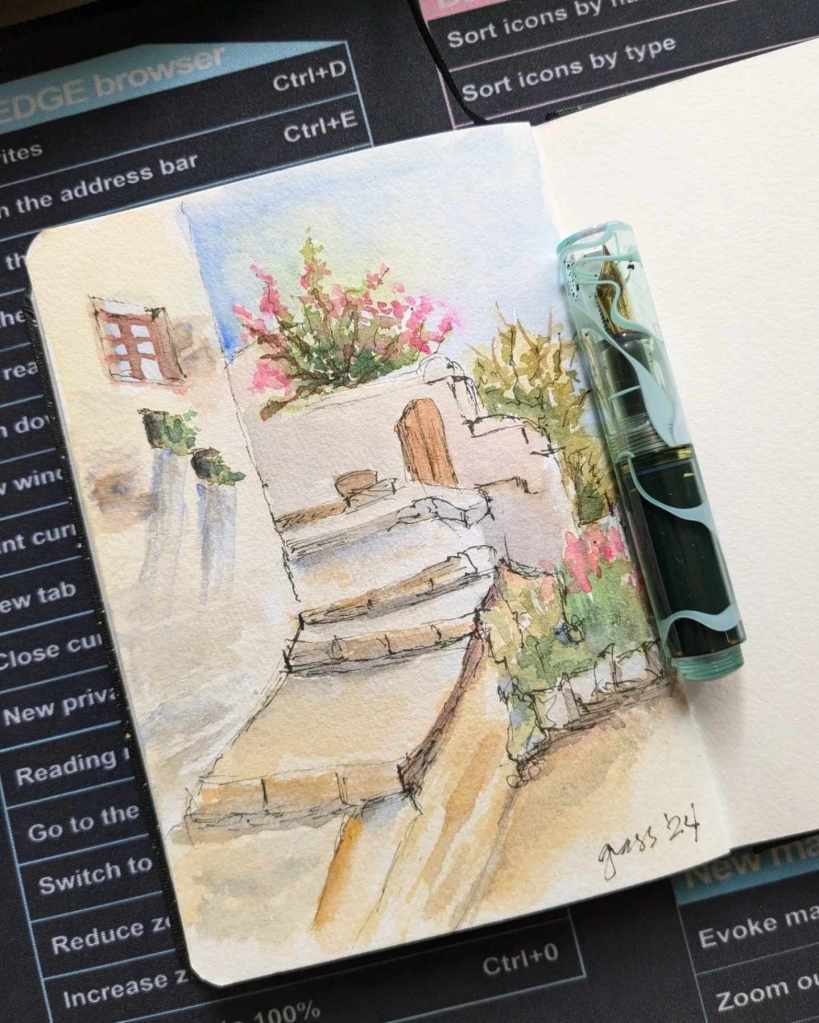 line-and-wash artwork using fountain pen, watercolor, and Rohrer Klingner SketchINK