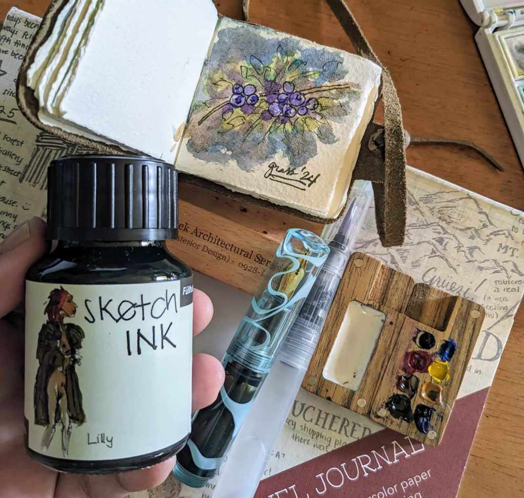 Rohrer and Klingner SketchINK in Lily and Majohn Wancai mini fountain pen plus my mini watercolor palette