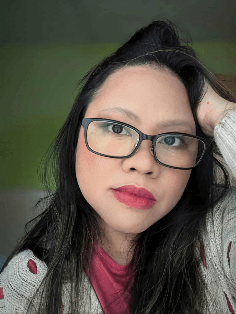 Me wearing my favorite Colourette lip tint in Cherry, blush in Pompom, eyeshadow in Coffee Bliss, mascara, and first base in Coron.