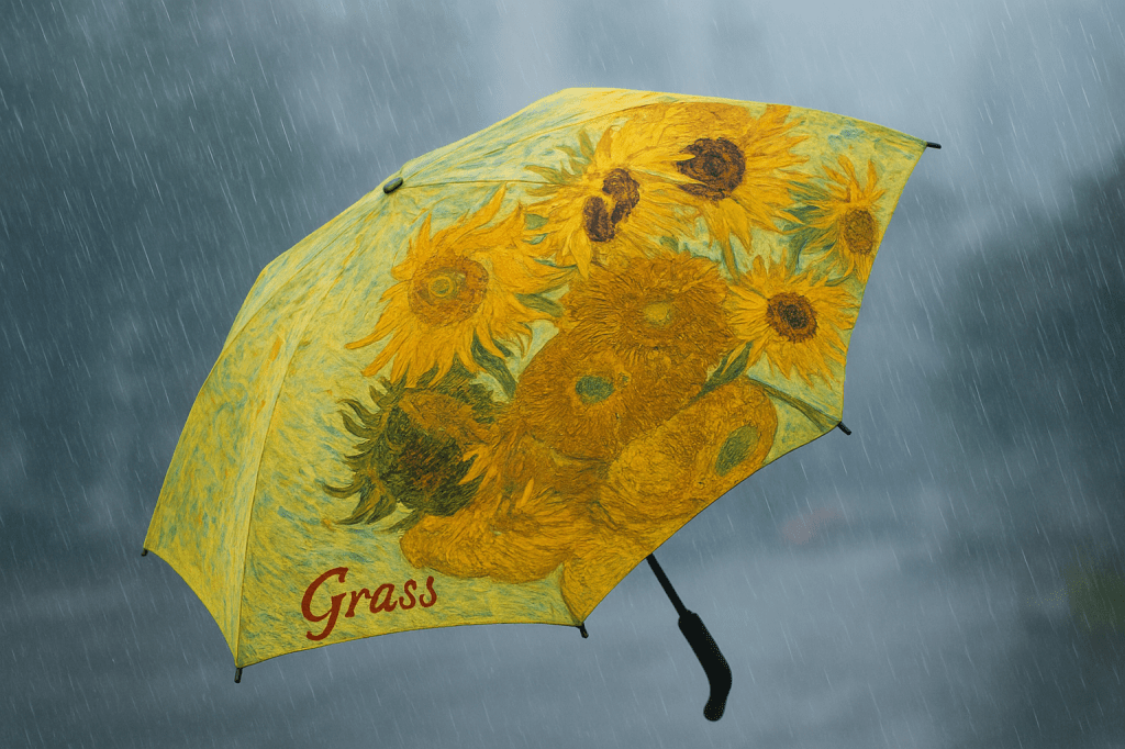 ChatGPT-generated umbrella with Van Gogh's sunflower painting