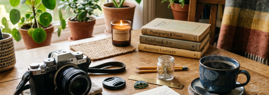 Desk with camera, notebook, pen, coffee cup, plants, books, and candle by window