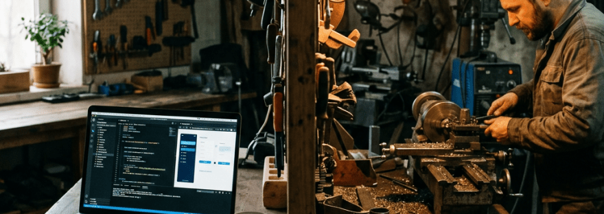 Man operating lathe machine in workshop beside table with laptop showing code