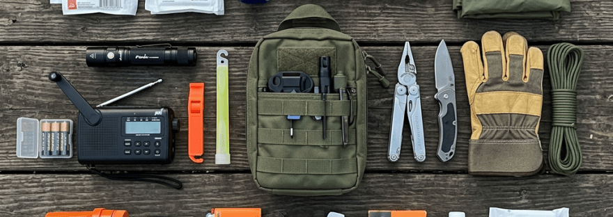 Emergency survival kit with first aid supplies, water, tools, gloves, food bars, radio, and other essentials