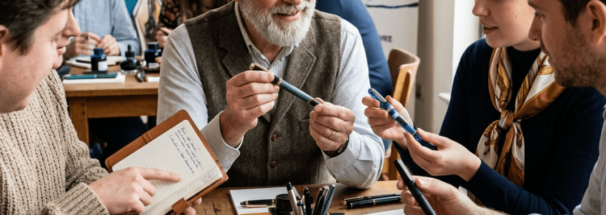 Group of people examining and discussing fountain pens around a table