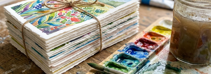 Stack of handmade watercolor cards beside a paint palette, brush, and rinse jar