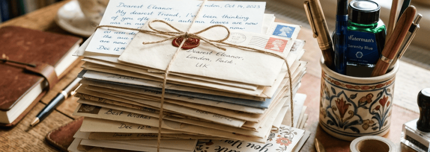 Tied bundle of handwritten letters with stamps, fountain pen, ink, and stationery